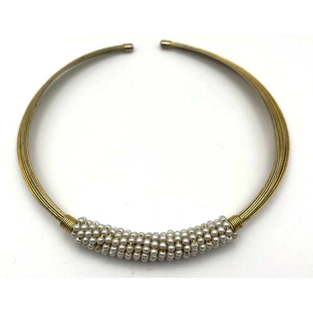 Faux Pearl Beaded Choker Necklace Gold Tone Multi Strand Vintage Style Open End